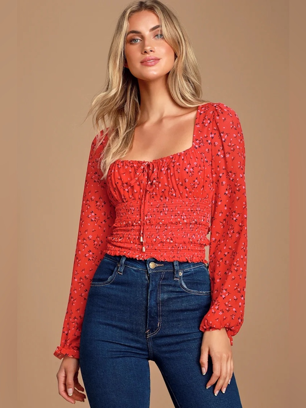 Free People Lolita Red Floral Smocked Square-Neck Long-Sleeve Crop Top Medium